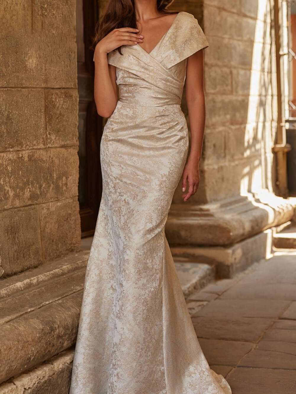 La Femme Champagne Brocade Off-Shoulder Mermaid Gown